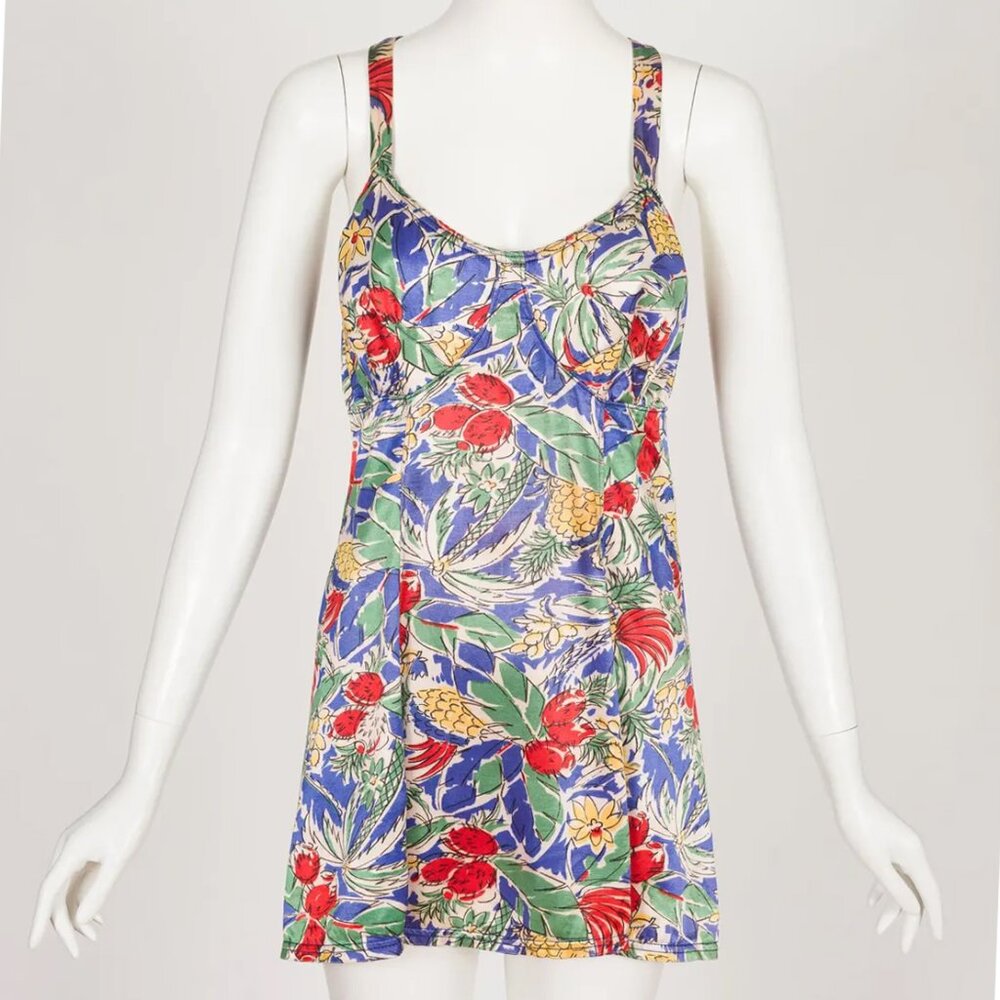 30s 40s Tropical Pineapple Print Satin Lastex Crossback Swim Dress Bathing Suit